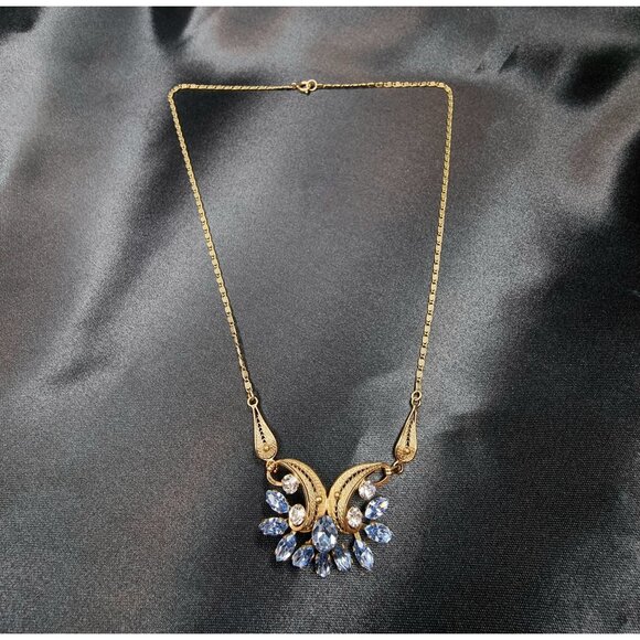 Rare Find Vintage Van Dell Gold-Tone Necklace With Blue Rhinestones Floral - Picture 4 of 5
